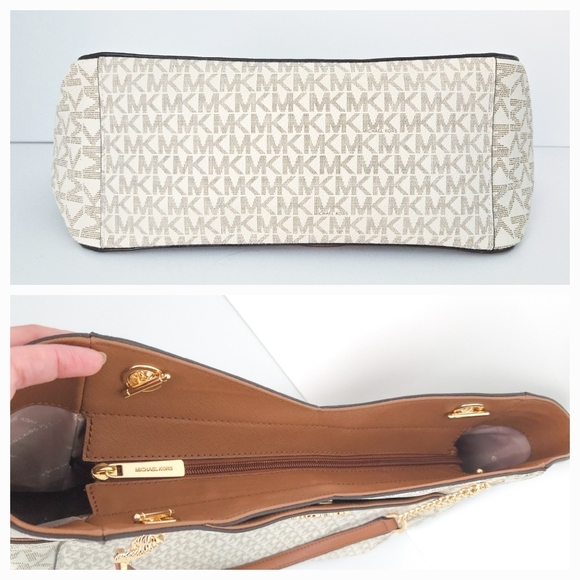 Michael Kors Cream White Brown Saffiano Leather Jet Set Chain Tote Handbag w COA - Picture 7 of 11